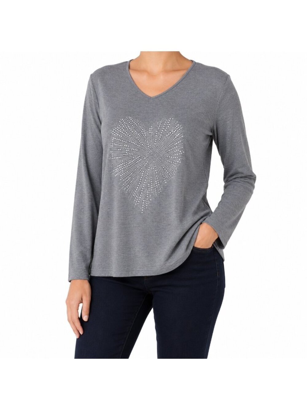 NEW Brian Bailey Grey Bling Heart Long Sleeve Top - Medium